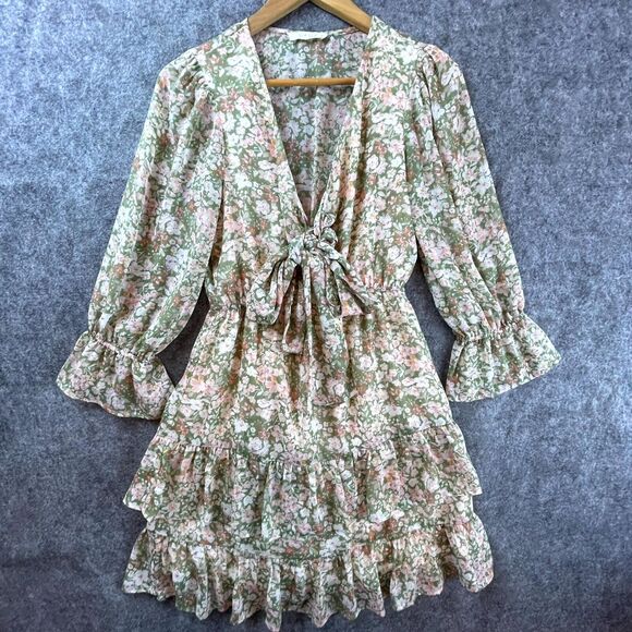 ILLA ILLA Dress S Knotted Front Ruffle Hem Sheer Cutout Peasant Cottage Fairy - Picture 1 of 8